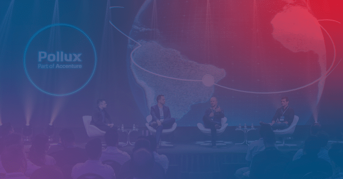 Arte gráfica com o momento em que a Pollux sobe ao palco do SKA Connect para falar de Transformação Digital.