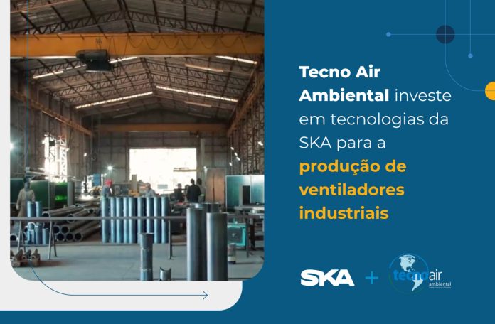 Arte gráfica com a frase: Tecno Air Ambiental investe em tecnologias da SKA para a produção de ventiladores industriais.