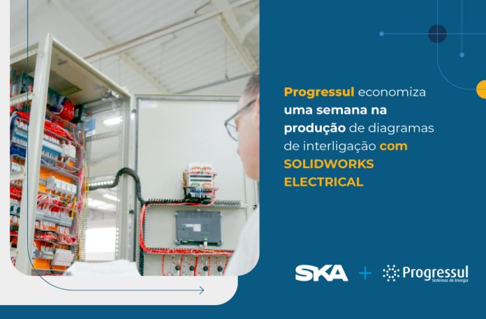 Arte gráfica com os dizeres "Progressul economiza uma semana na produção de diagramas de interligação com o SOLIDWORKS Electrical".