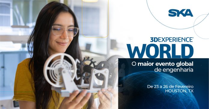 arte gráfica do 3DEXPERIENCE World 2025 com uma mulher ao fundo analisando peças industriais