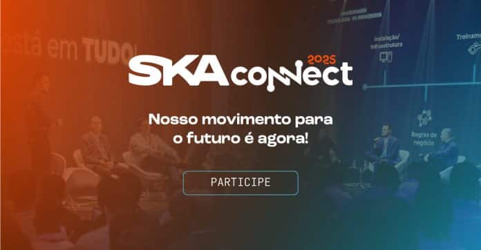 arte gráfica do ska connect 2025 com participantes da edição anterior ao fundo